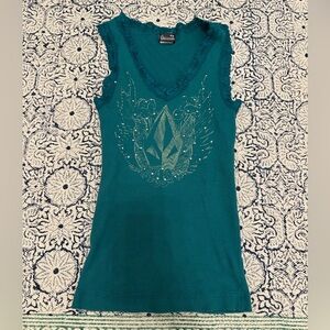 💎 Vintage Volcom Lace Trim Rhinestone Tank Top - Teal y2k